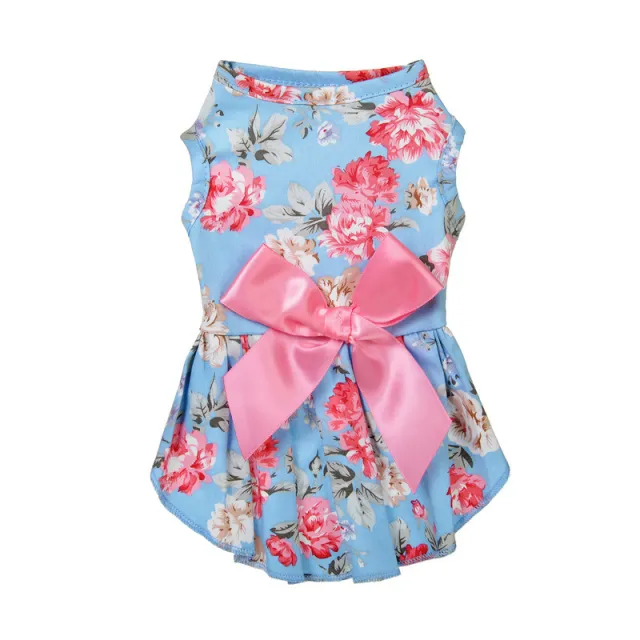 Pet Clothes Princess Summer Dress Round Neck Warm Floral Blue - Shop at LoveMi