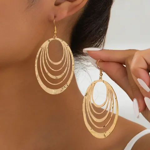 Fashion Elegant 3 Layer Hollow Oval Shaped Big Gold-color
