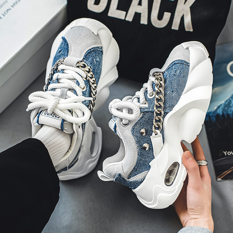 Mens Casual Elevated Denim Sneakers With Thick Soles