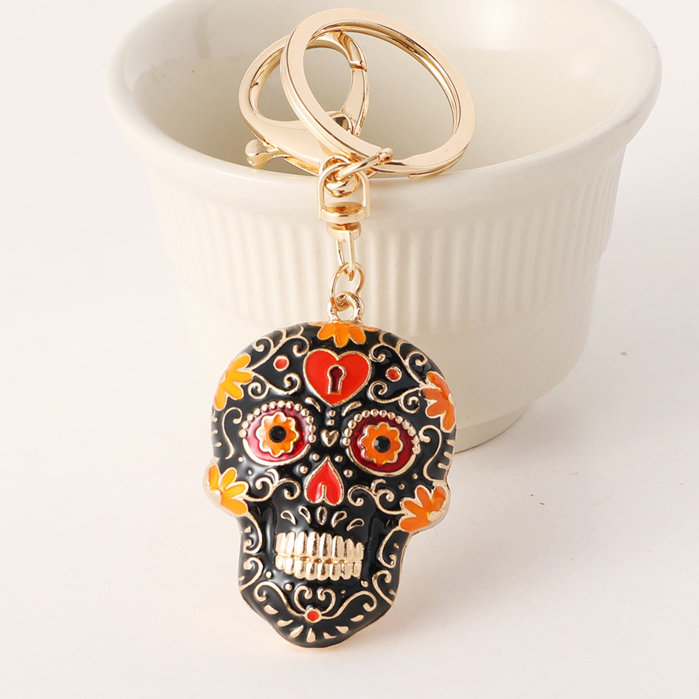 Mandala Skull Color Enamel Keychain Halloween Handbag Pendant Day Of The Dead Pendant Black - Shop at LoveMi