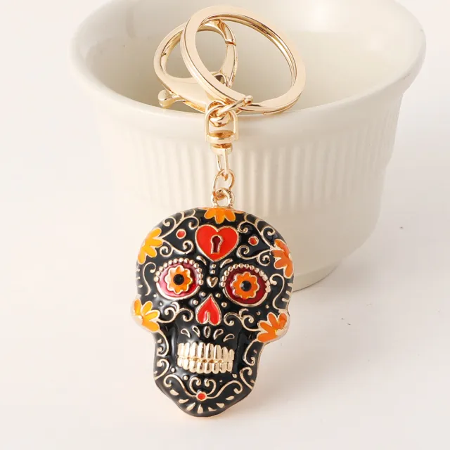 Mandala Skull Color Enamel Keychain Halloween Handbag Pendant Day Of The Dead Pendant Black - Shop at LoveMi