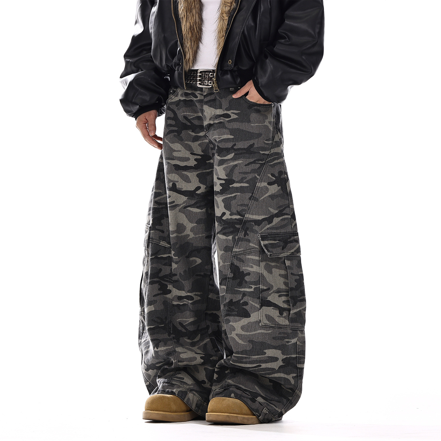 American-style Vintage Camouflage Machete-cut Jeans For Men