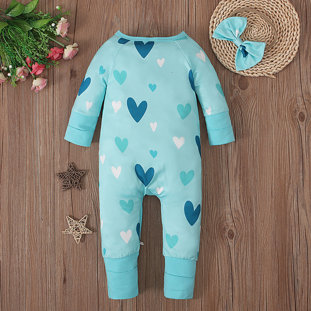 Love Pattern Long Sleeve Round Neck Jumpsuit Romper Bow Hair Band 2 Pieces