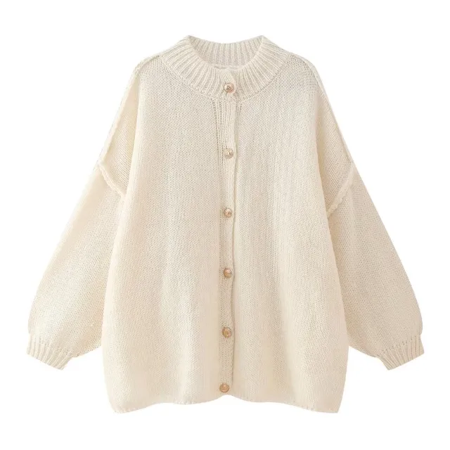 French Fashion Loose Round Neck All matching Metal Button Cardigan Sweater Beige - Shop at LoveMi