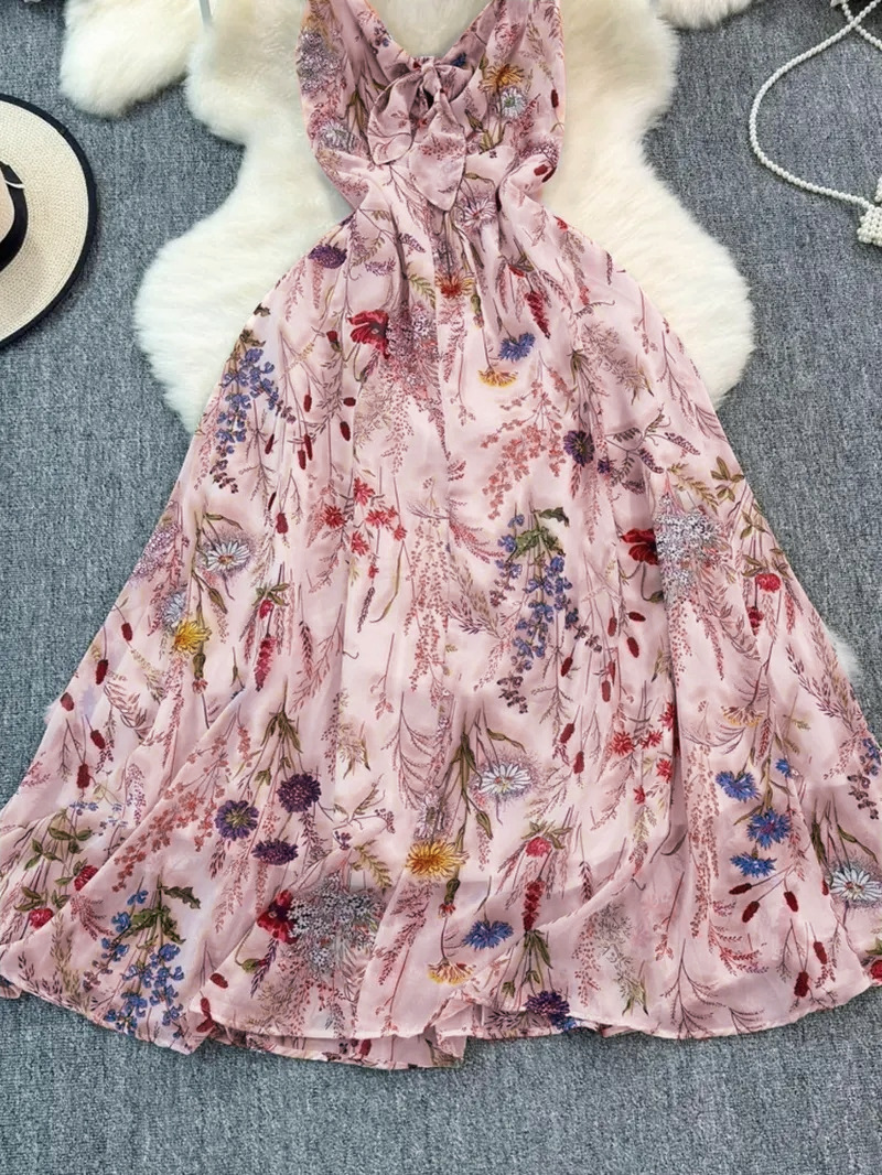 Women's Colorful Floral Print V-Neck Slip Dress