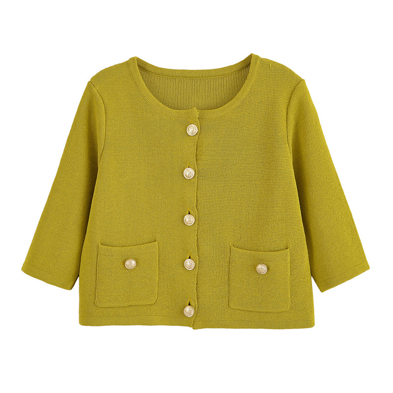 Golden Breasted Long Sleeve Knitted Coat Skirt Suit