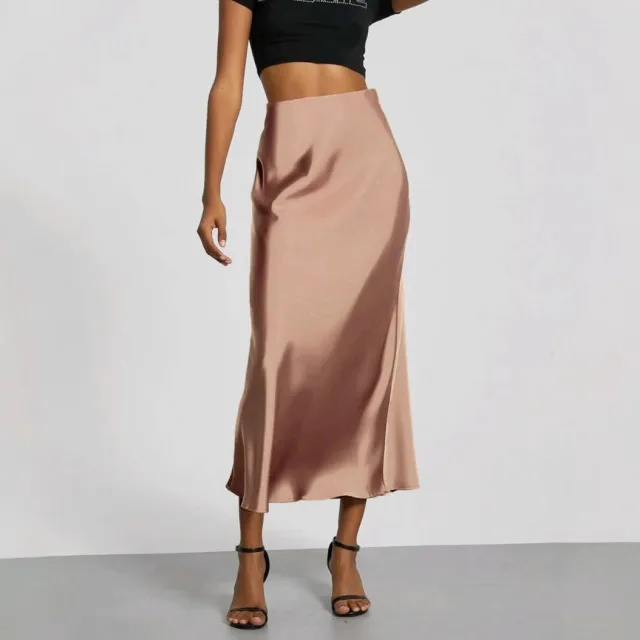 Women's Slim Fit Satin Skirt Fashion Chic Solid Long Skirt Pink - Shop at LoveMi