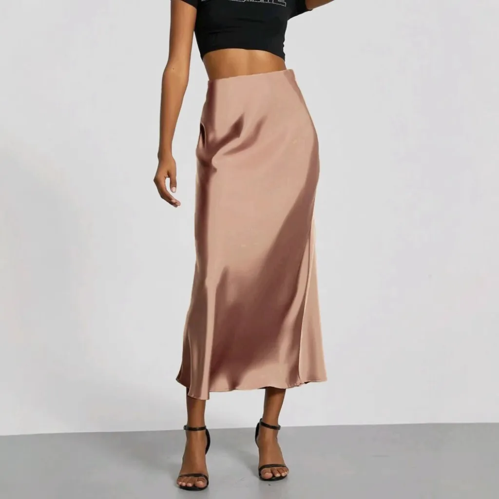 Women's Slim Fit Satin Skirt Fashion Chic Solid Long Skirt - Pink
