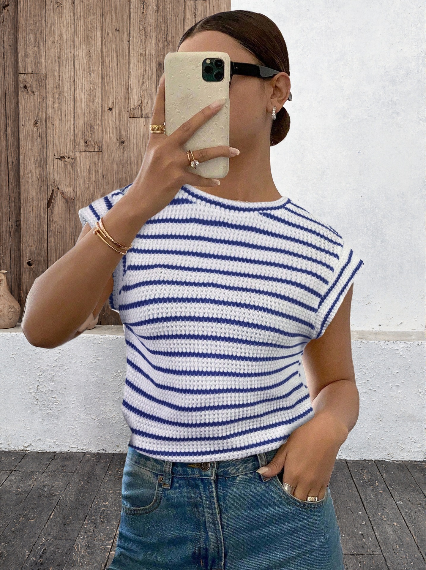 Womens Casual Crew-Neck Sleeveless Hollow-Out T-Shirt