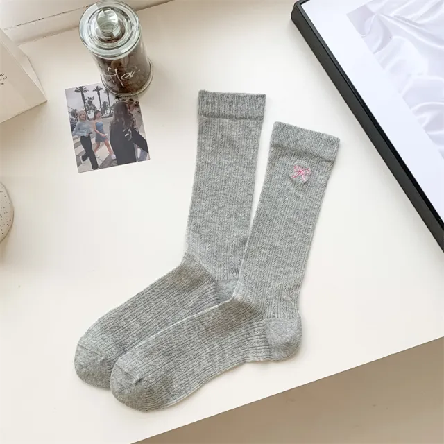 Bow Embroidery Hollow Thin Female Middle Tube Socks Pink Knot With Gray Background - Shop at LoveMi