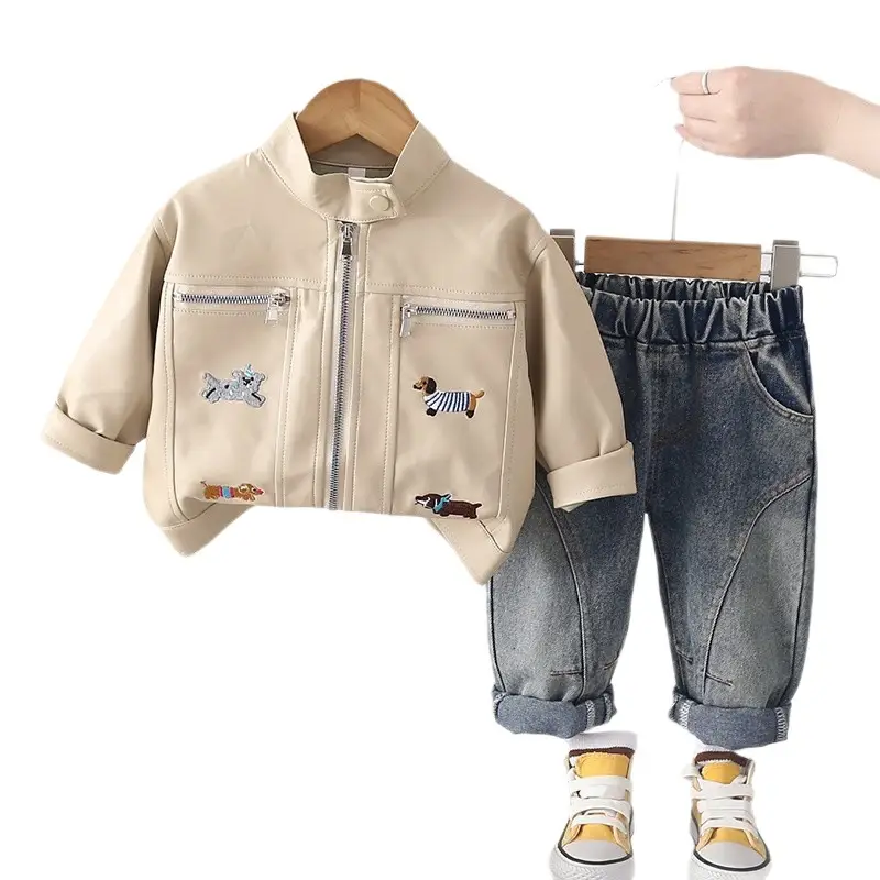 Boys Leather Jacket And Long-sleeve Pants Two-piece Set