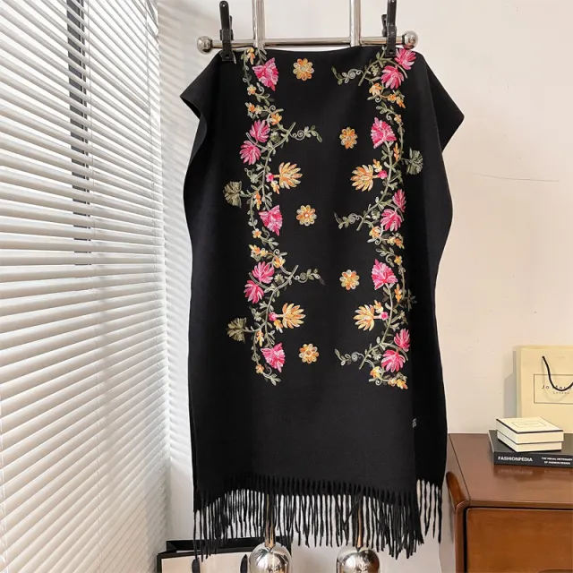 Autumn And Winter Thick Simple Flower Embroidery Cashmere like Ethnic Style Warm Scarf Black - Shop at LoveMi