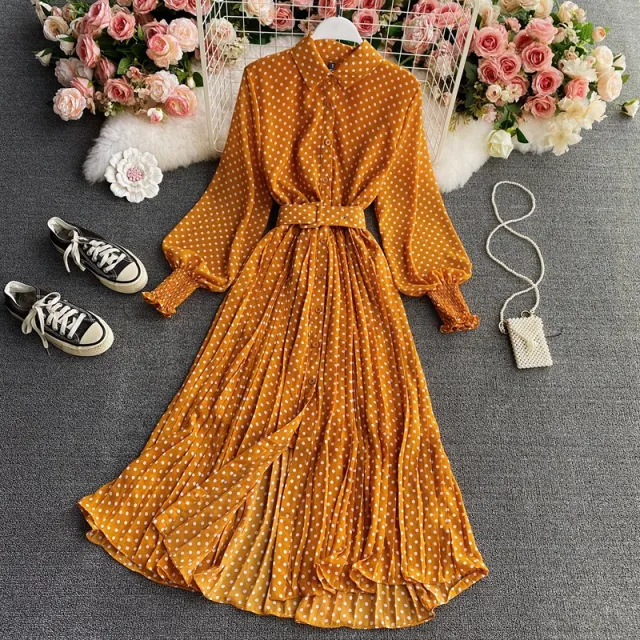 Polka Dot Chiffon Shirt Collar Temperament Waist controlled Large Hem Pleated Long Skirt Orange - Shop at LoveMi