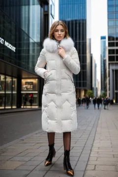 Slim Fit Below The Knee Cotton Coat Big Fur Collar Thickened Padded Jacket - Beige - View 1