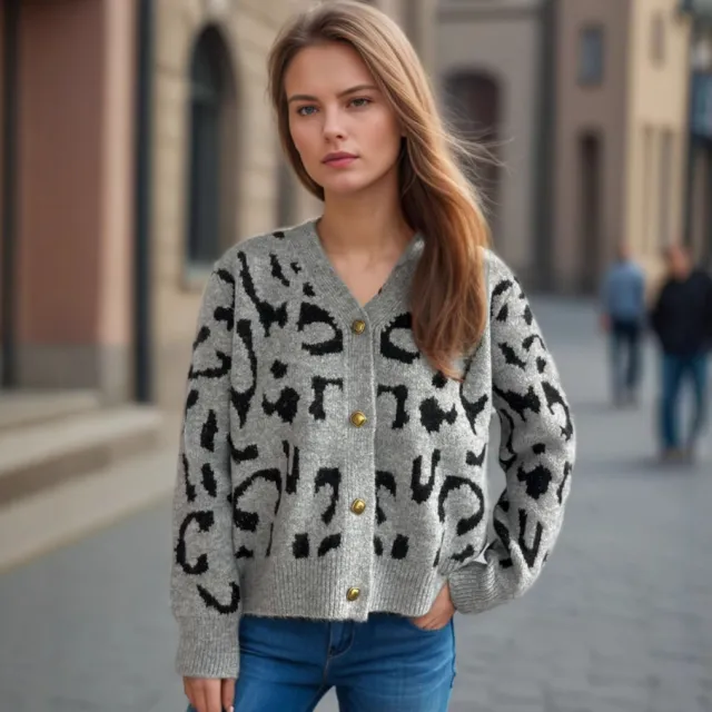 Women's Leopard Print Short Sweater V neck Casual Knitted Cardigan Top Gray - Shop at LoveMi