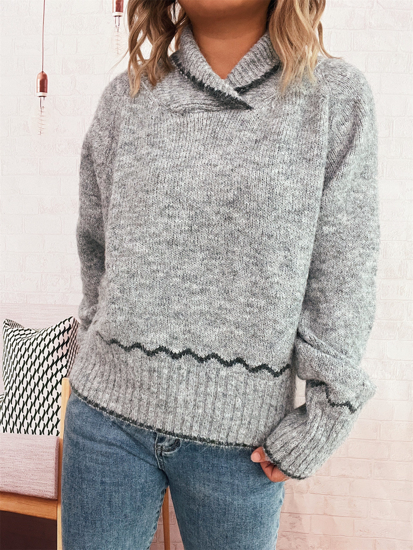 Simple Commute Half Turtleneck Lapel Contrast Color Knitted Pullover Sweater