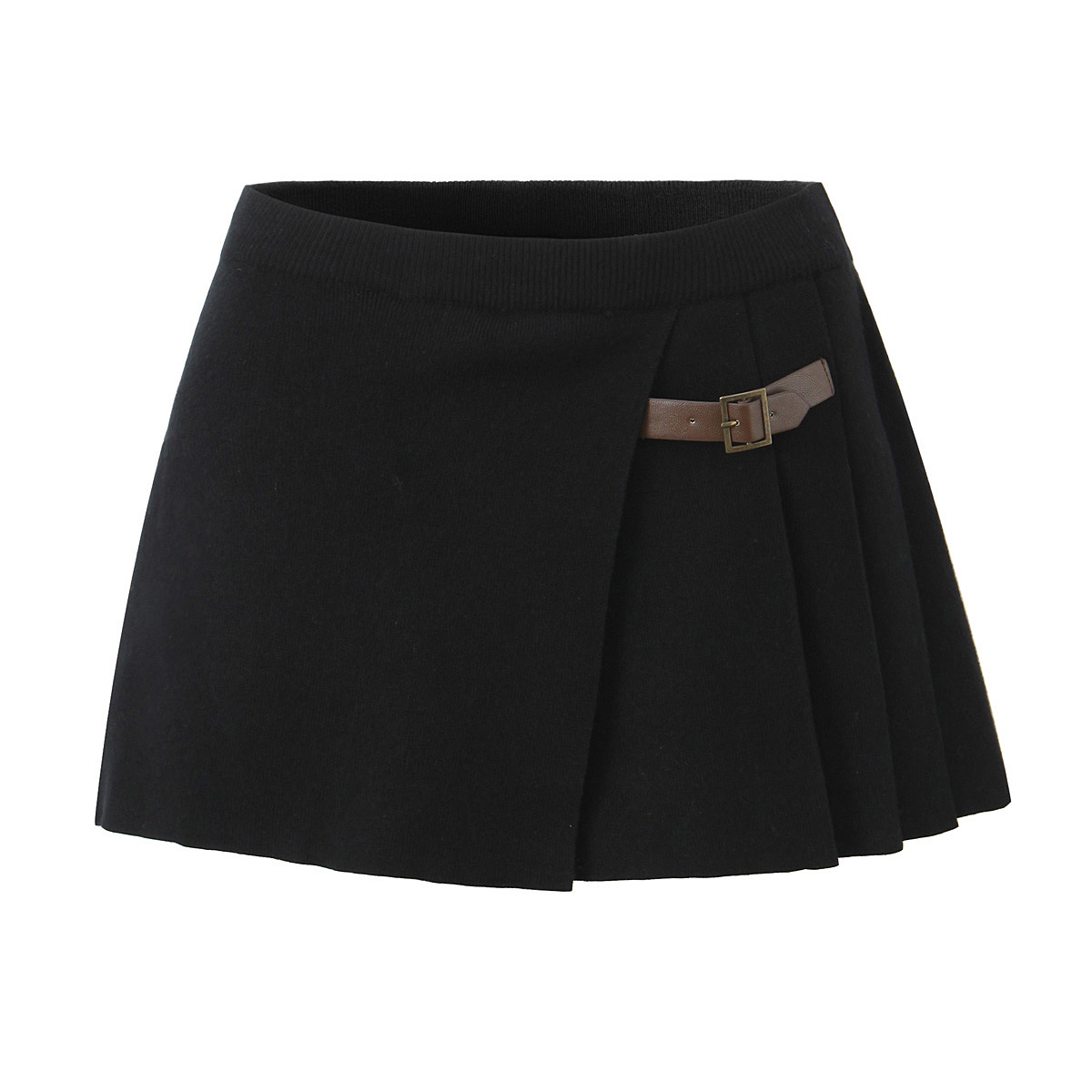 Slim Breasted Knitted Cardigan High Waist Leather Ring Pleated Skirt Black Overskirt 6532 - Shop at LoveMi