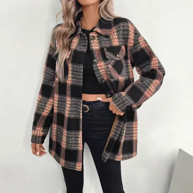 Women's Casual Plaid Composite Plush Warm Jacket Black - Shop at LoveMi