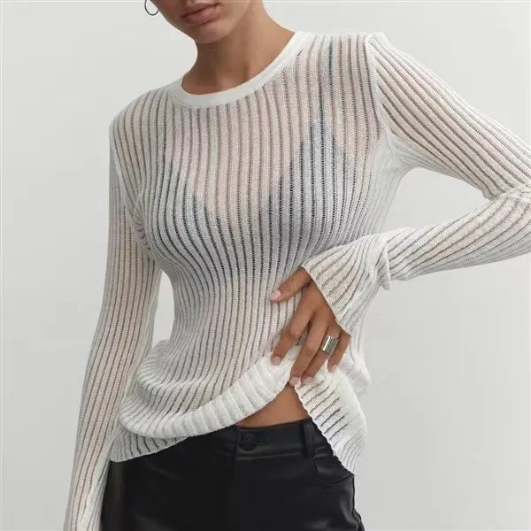 Round Neck Thin Breathable Knitted Wool Top White - Shop at LoveMi