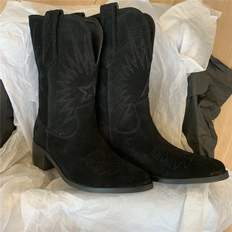 V-shaped Mid-calf Pointed Slip-on Suede Fashion Boots - Black