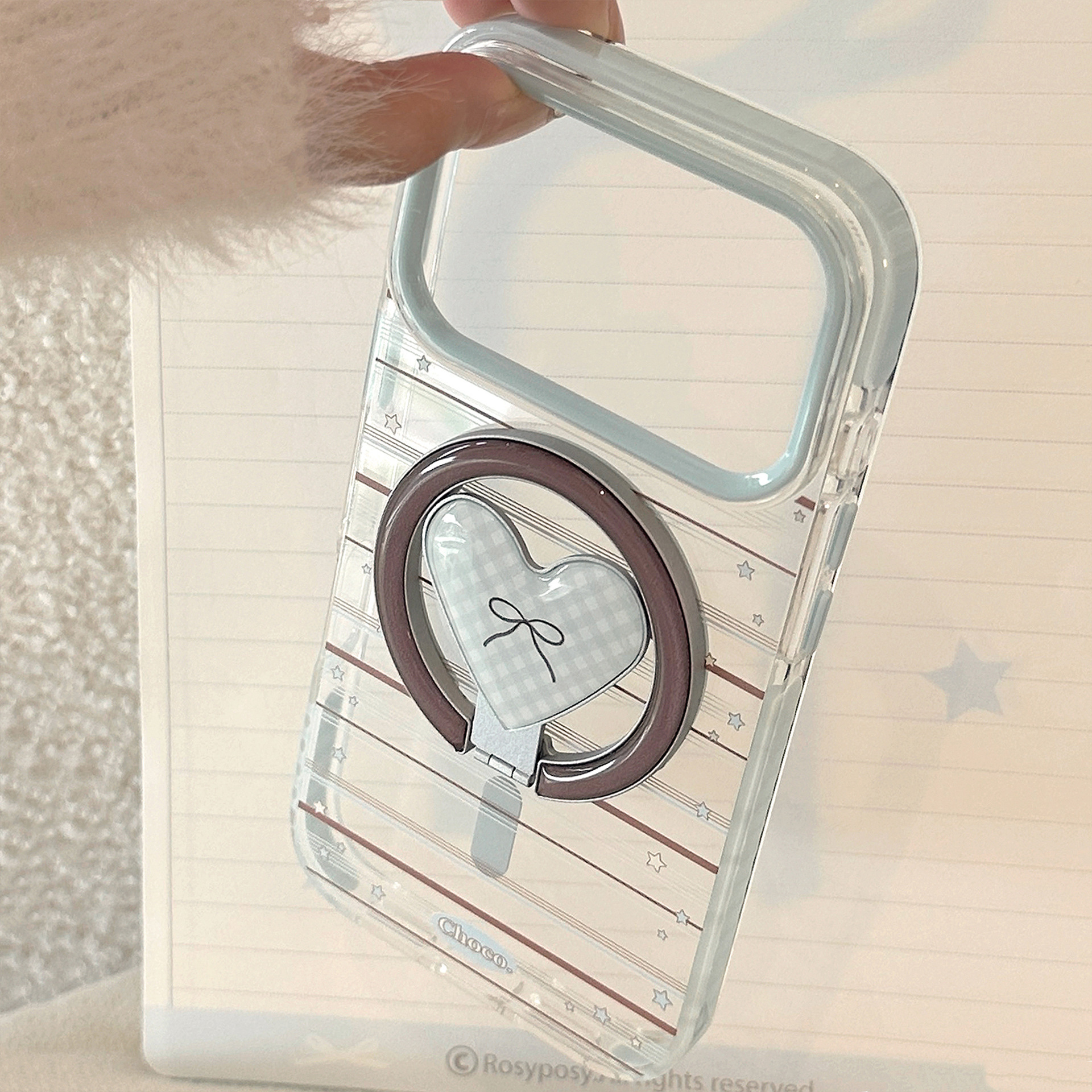 Loving Magnetic Suction Bracket Phone Case In Blue And Brown With A Bow Design