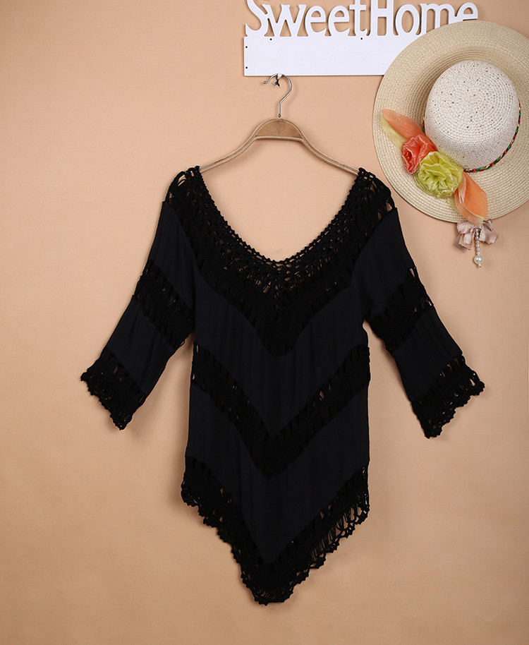 Crochet Knitted Stitching Cutout Blouse Skirt Swimsuit Black - Shop at LoveMi