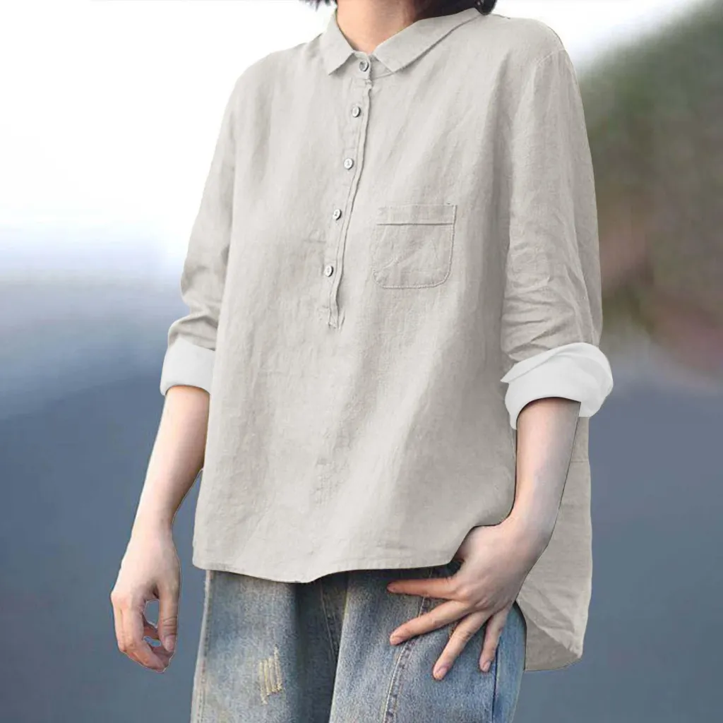 Arrival Long Sleeve Slub Linen Lapel Print Fashionable All-match Pocket Lining - Wjj57-5Xl