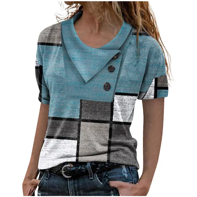 Women's Digital Printing Lapel Short sleeved Top Blue - Shop at LoveMi
