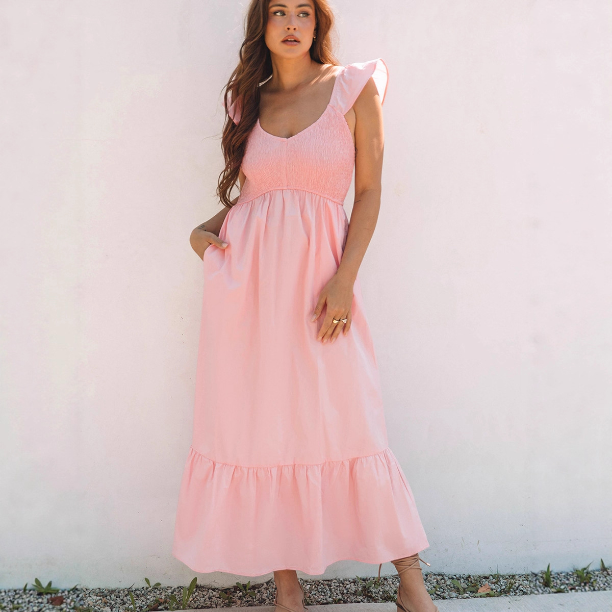 Womens Fashion Pleated V-Neck Short-Sleeve Dress