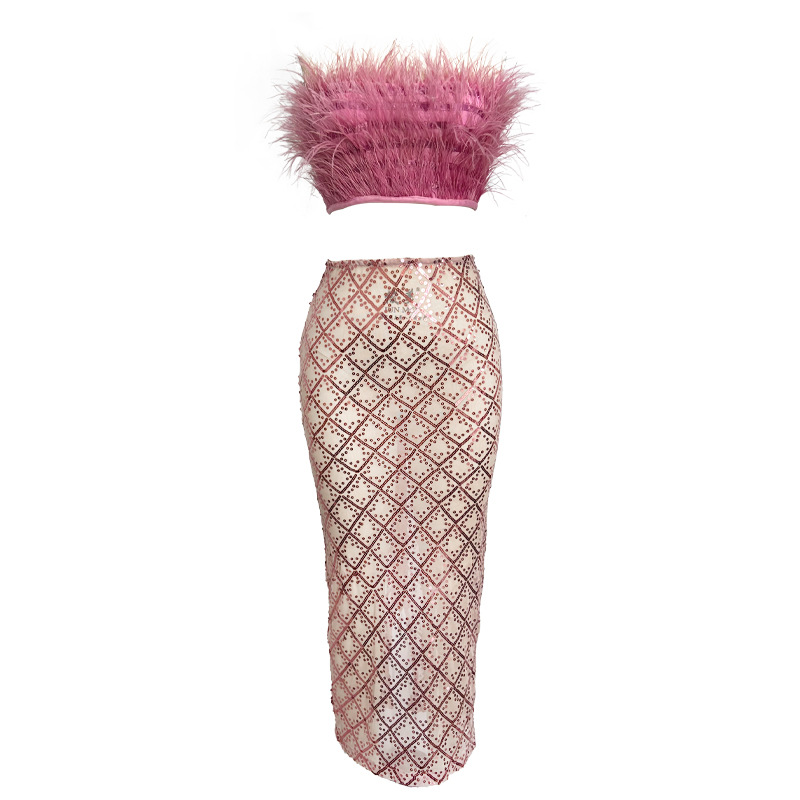 Tube Feather Bandage Top High Waist Sequined Long Skirt Sexy Suit