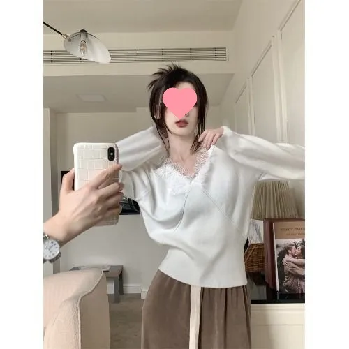 New Long sleeved Knitted Pullover All matching Top White - Shop at LoveMi