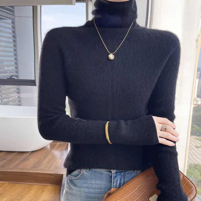 Autumn And Winter Pile Collar Wool Knitted Bottoming Shirt Slim Fit All matching Classic Black - Shop at LoveMi