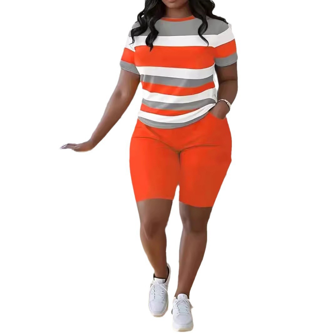 European And American T-shirt Striped Letters 3D Printed Shorts Suit