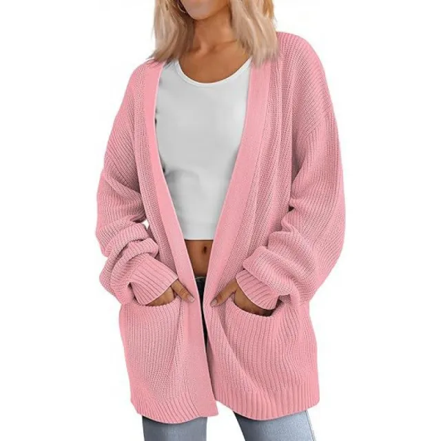 Solid Color Loose Knitted Pocket Sweater Coat Pink - Shop at LoveMi