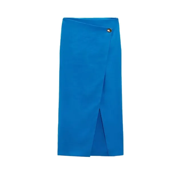 Women's Clothing With Belt Double Breasted Shirt High Waist Silk Satin Texture Sarong Skirt Blue Skirt - Shop at LoveMi