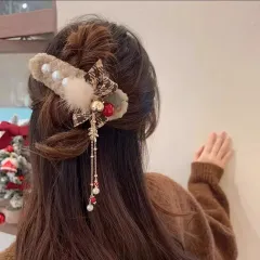 Christmas Plush Female Bow Barrettes - Coffee Plaid Bell Clip - View 1