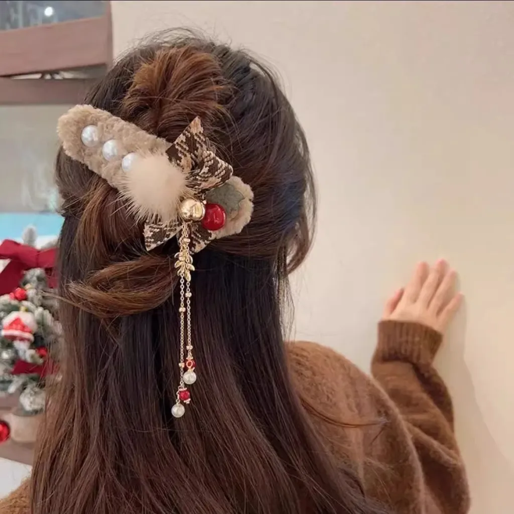 Christmas Plush Female Bow Barrettes - Coffee Plaid Bell Clip