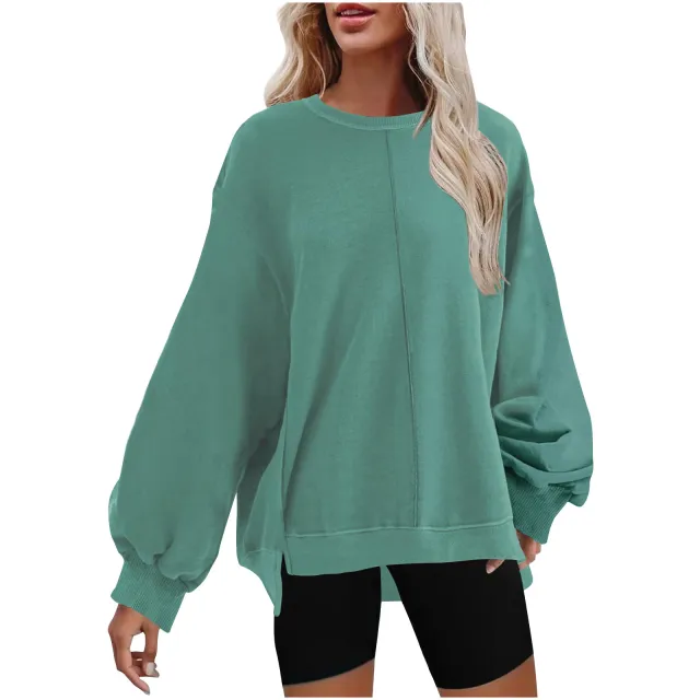 Solid Color Pullover Round Neck Long Sleeves Top For Women Sky Blue - Shop at LoveMi