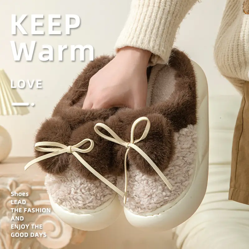 Plush Platform Bow Slippers for Women — Beige, 36or37