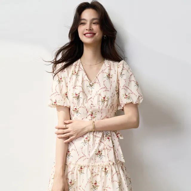 V neck Puff Sleeve Tea Pure Cotton Printed Waist controlled Dress Beige - Shop at LoveMi