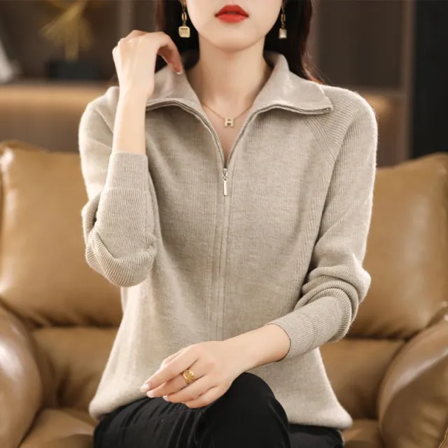 Zipper Sweater Women's Large Lapel Knitted Cardigan Thick Coat Milk Tea Camel - Shop at LoveMi