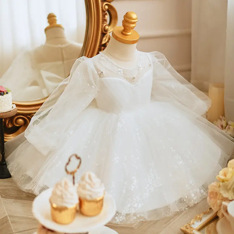Children's Long Sleeve Pearl Embroidery Princess Dress Gown — 90cm