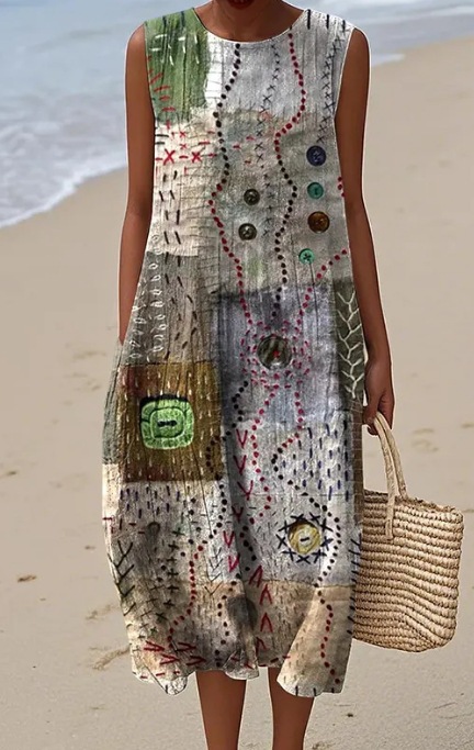 Pocketed Crew-neck Dress With Geometric And Floral Elements