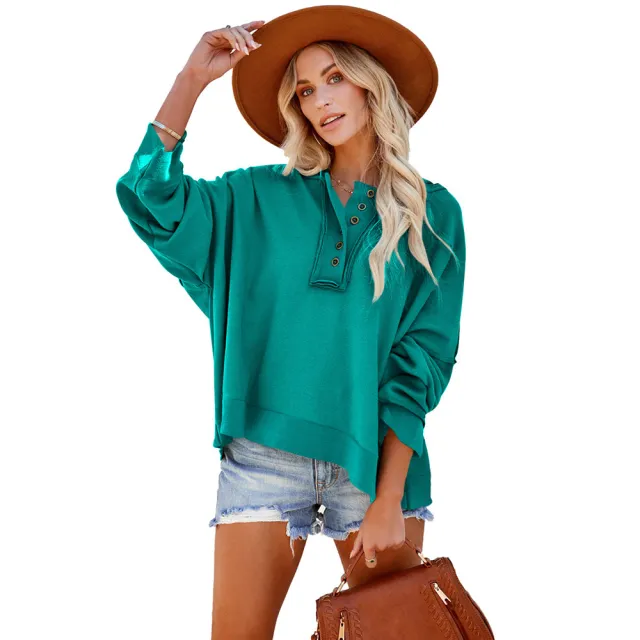 Leisure Loose Patchwork Drop shoulder Long sleeve Sweatshirt Women Winter Thicken Solid Color Hoodie Green - Shop at LoveMi