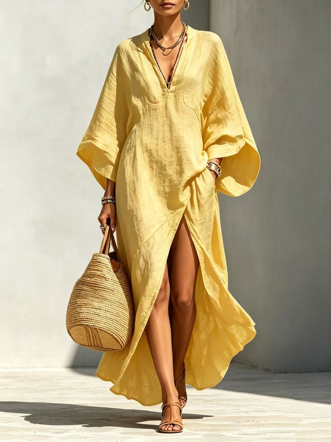 Women's loose maxi resort dress in yellow – front view