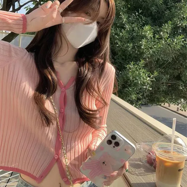 Slim fit Short Long Sleeve Knitted Cardigan Top Women Pink - Shop at LoveMi