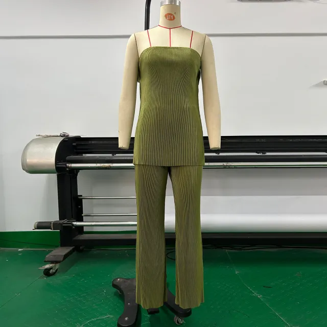 Slim Top Casual Trousers Solid Color Two piece Set Green - Shop at LoveMi
