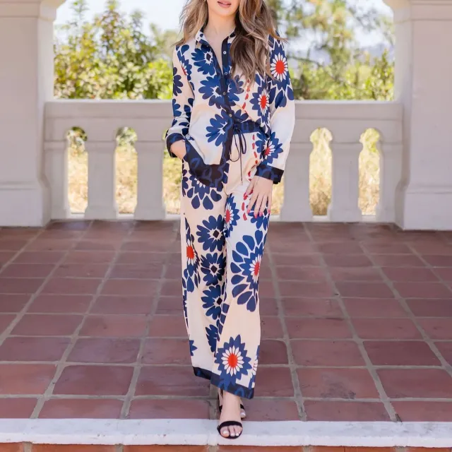 Women's Shirt Wide leg Pants Temperament Twinset Blue - Shop at LoveMi