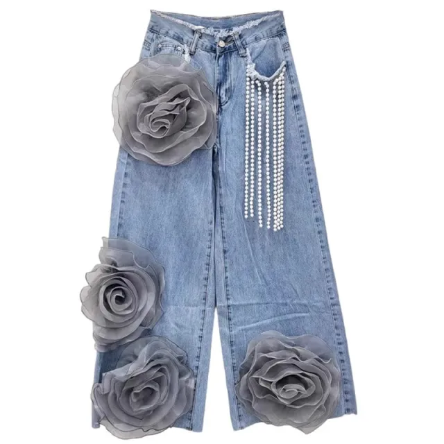 High waisted Denim Jeans With Three dimensional Flower Bead Chains Blue - Shop at LoveMi