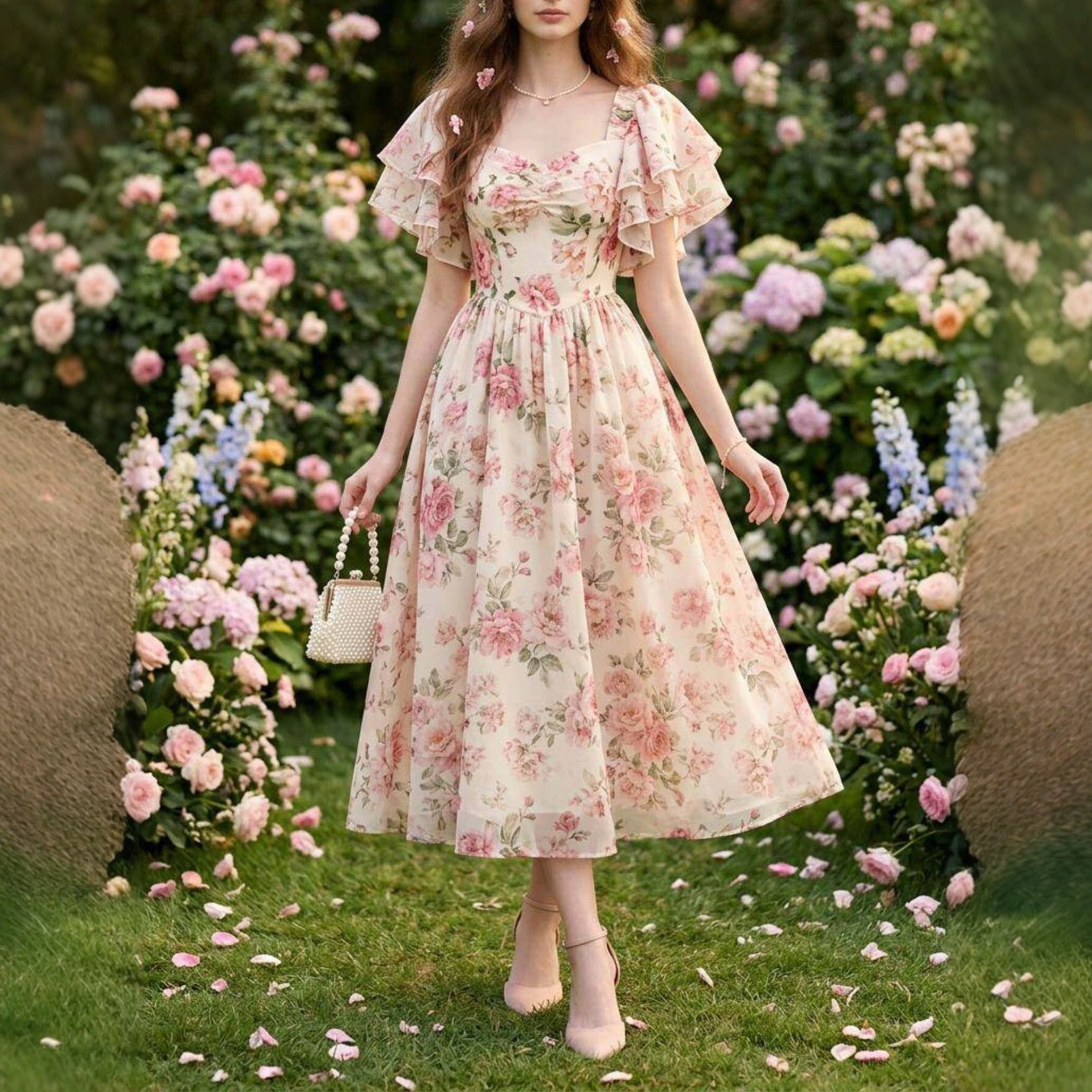 Square-neck Puff-sleeve Floral Print Waist-cinched Midi Dress With A Flared Hem